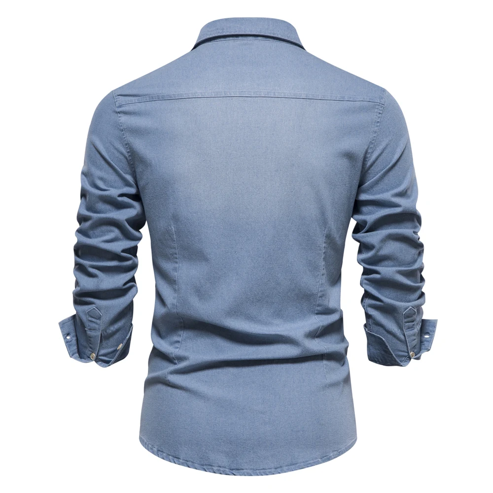 Elastic Cotton Denim Shirt Men Long Sleeve