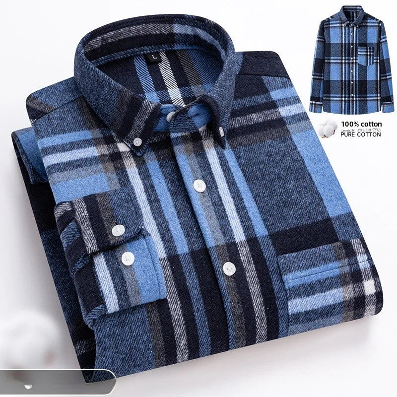 Thickened Pure Cotton Flannel Plaid Shirt Men's Long Sleeve Casual