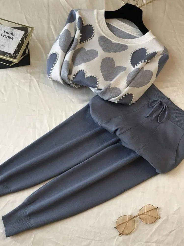 Casual Print Knit Sweater 2 Pieces Sets