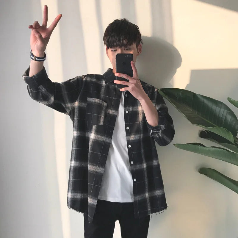 Fashionable Plaid Loose-fit Long Sleeve Casual Shirt For Men