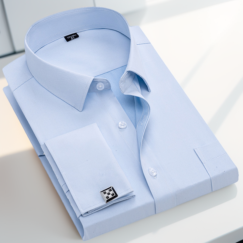 Men's French cufflink shirt loose version light blue white business formal men's shirt