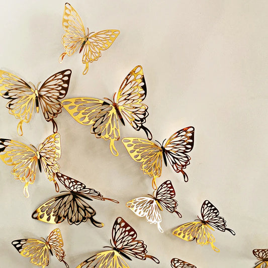 12Pcs/lot New 3D Hollow Golden Silver Butterfly Wall Stickers
