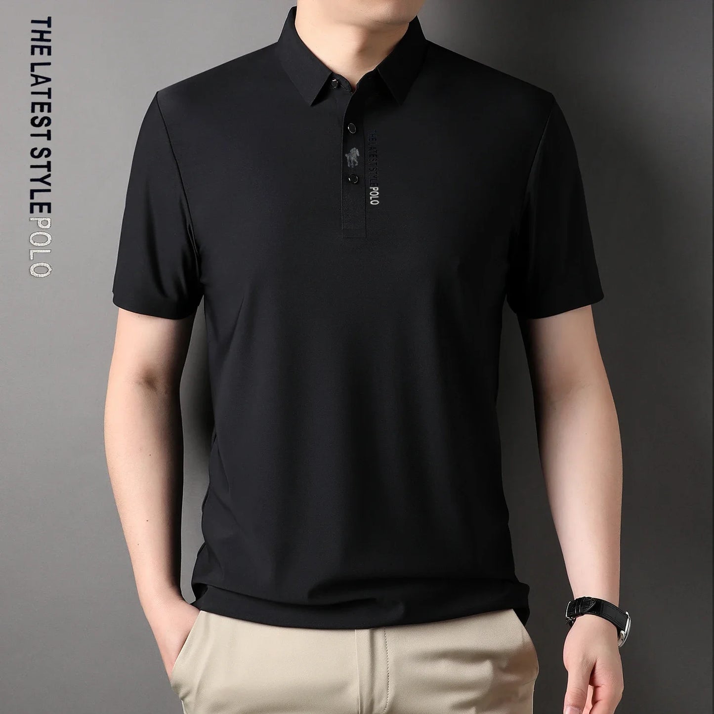 Ice Silk Embroidery Polo Shirt 2024 New Summer Lapel Elasticity T-shirt
