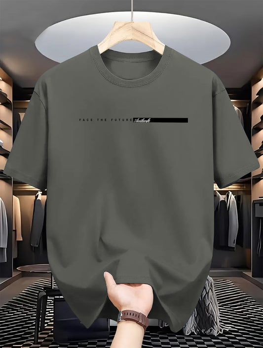 Summer men's 100% cotton casual loose fit large letter print round neck