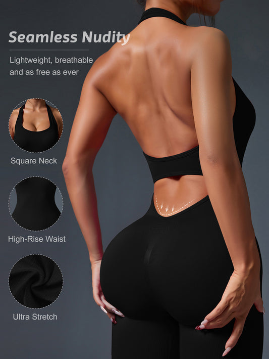 Square Neck Backless Yoga Jumpsuit High Waist Seamless