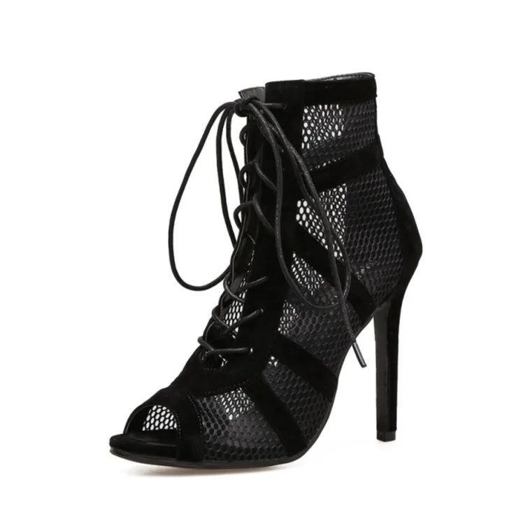Fashion Show Black Net Fabric Cross Strap Sexy High Heel Sandals