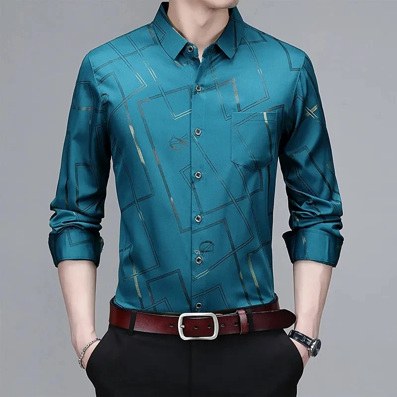 Men's Casual and Fashionable Long Sleeved Printed Shirt