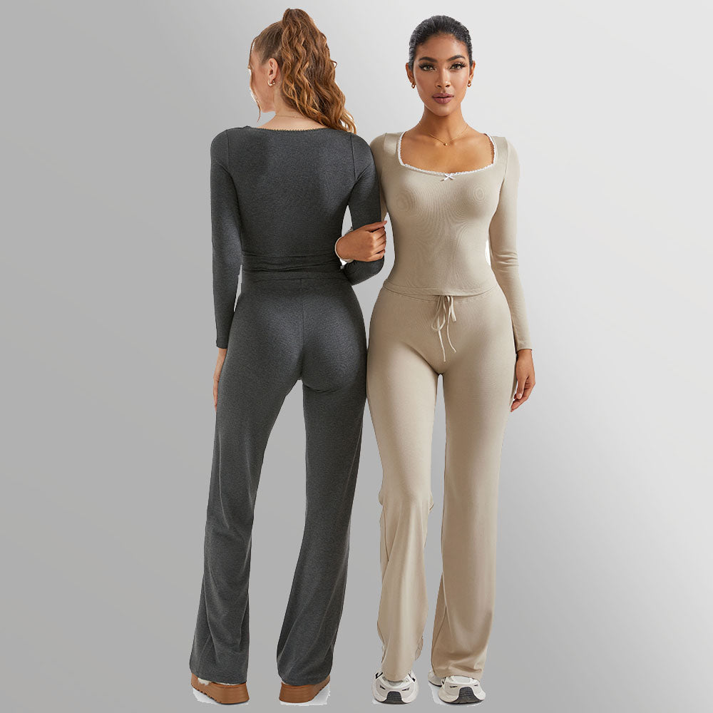 Women Casual Suits 2 Pcs Set Soft Wide Leg Pants Outfit Yoga Suits