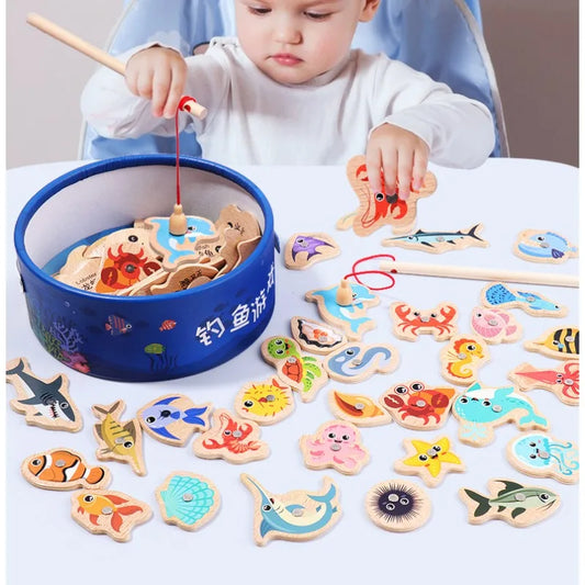 Montessori Wooden Fishing Toys For Children Cartoon Marine