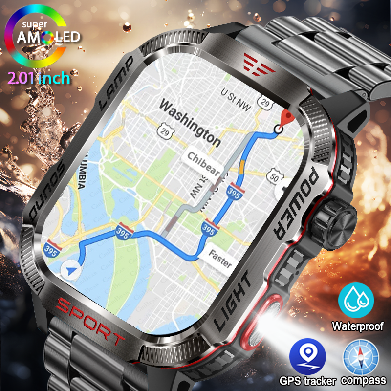 Smart Watch Men Flashlight Compass Waterproof Outdoor Sport Tracker Bluetooth Call Smartwatch