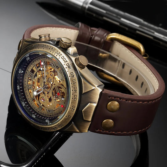 Bronze Retro Skeleton Automatic Mechanical Watch for Men