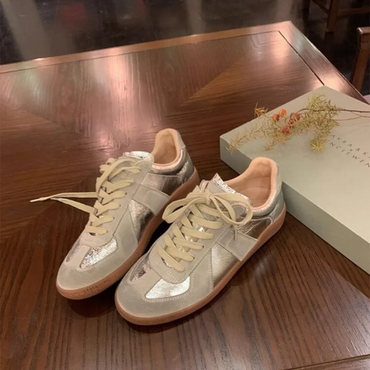 Women Casual Leather Sneakers Silver Lace-Up