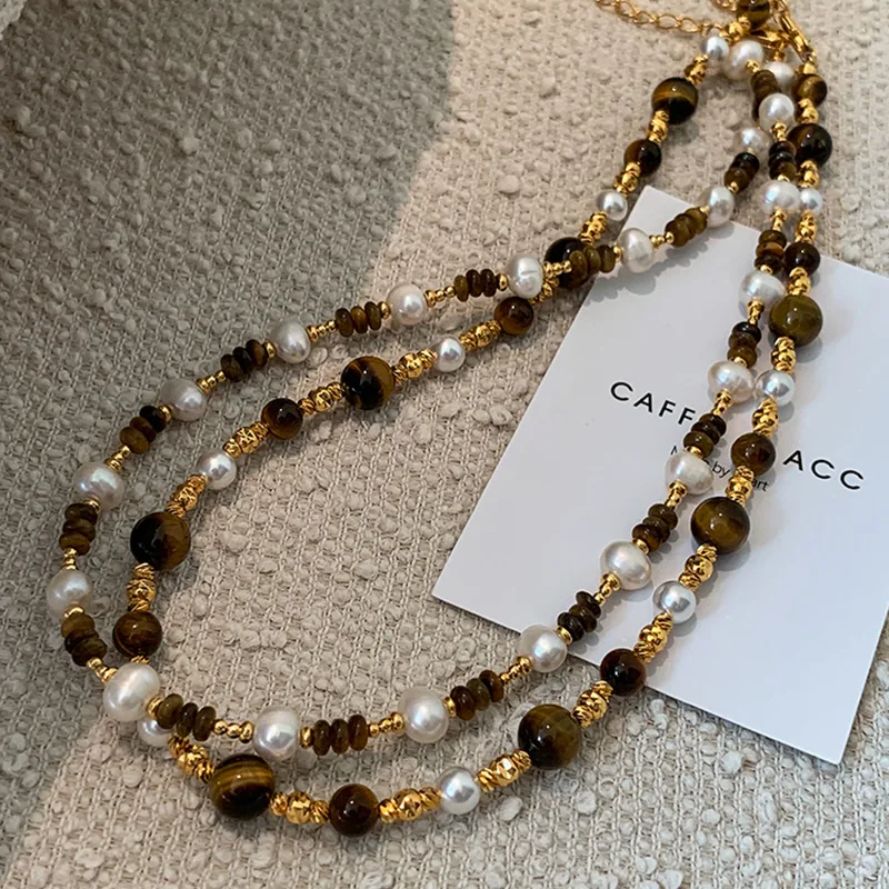 Natural Brown Stone Pearl Collar Chain Necklace