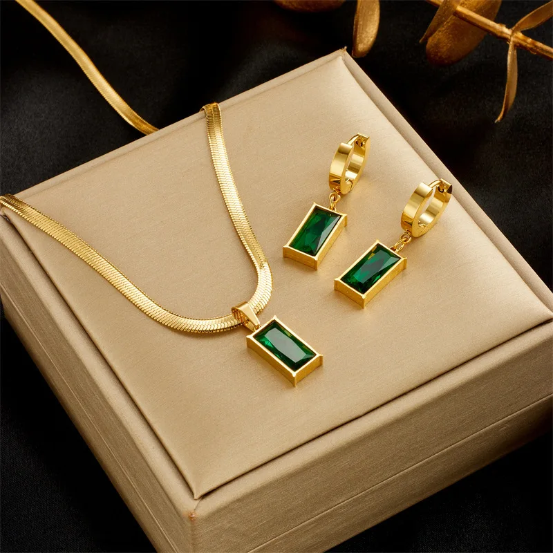 316L Stainless Steel Green Crystal Zircon jewelry set