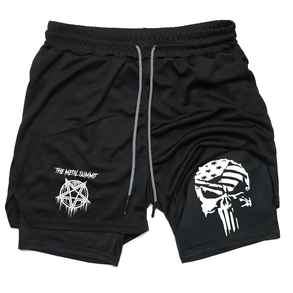 Men Anime Double Layer Shorts Gym Workout Printed Sports