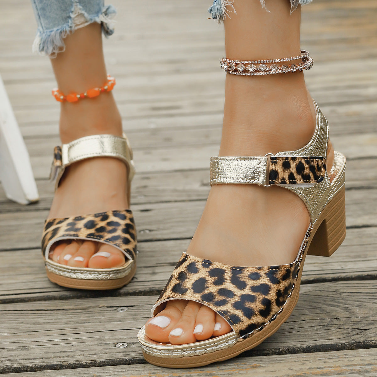 Retro Leopard Print Gold Sandals Women