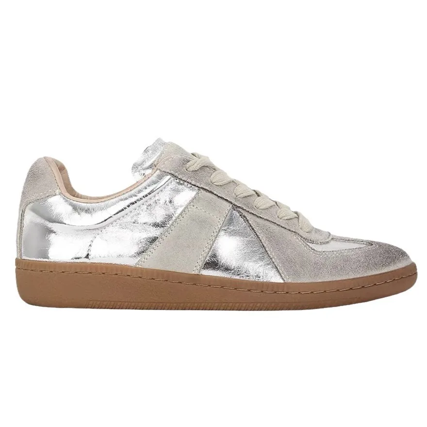 Women Casual Leather Sneakers Silver Lace-Up