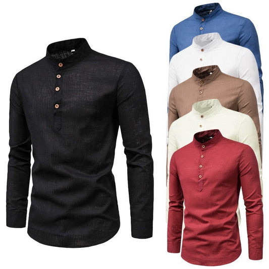 Men's solid color casual slim fitting standing collar long sleeved business shirt