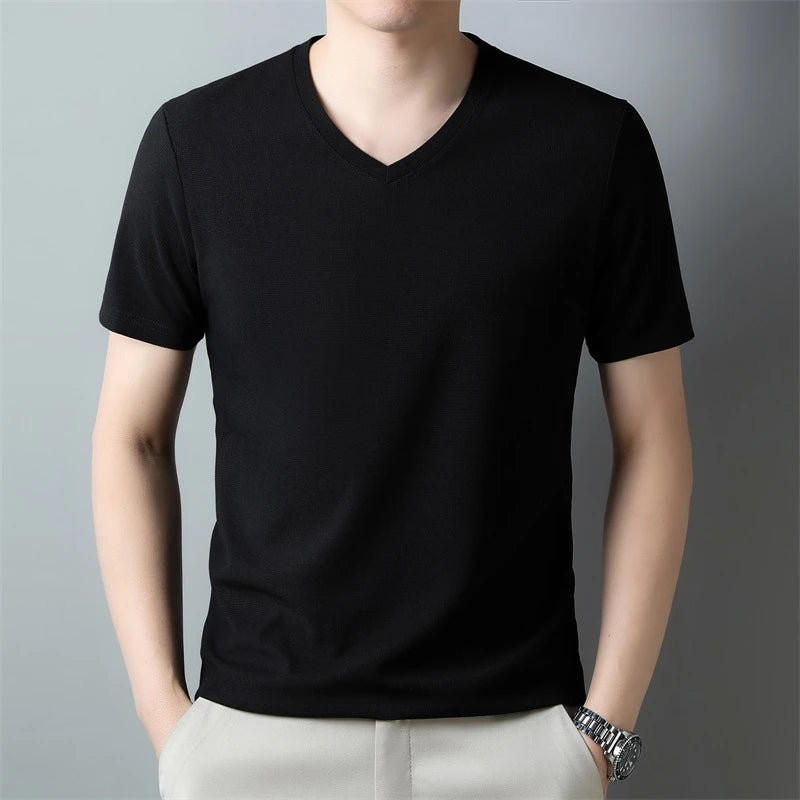 2024 Men's New Waffle V Neck Short Sleeved T-shirt Summer