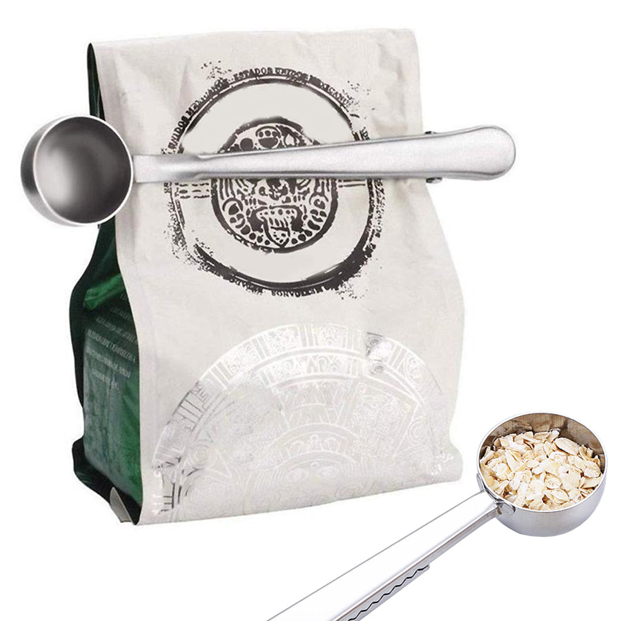 Multi-Purpose Stainless Steel Coffee Scoop with Clip and Measuring Spoon