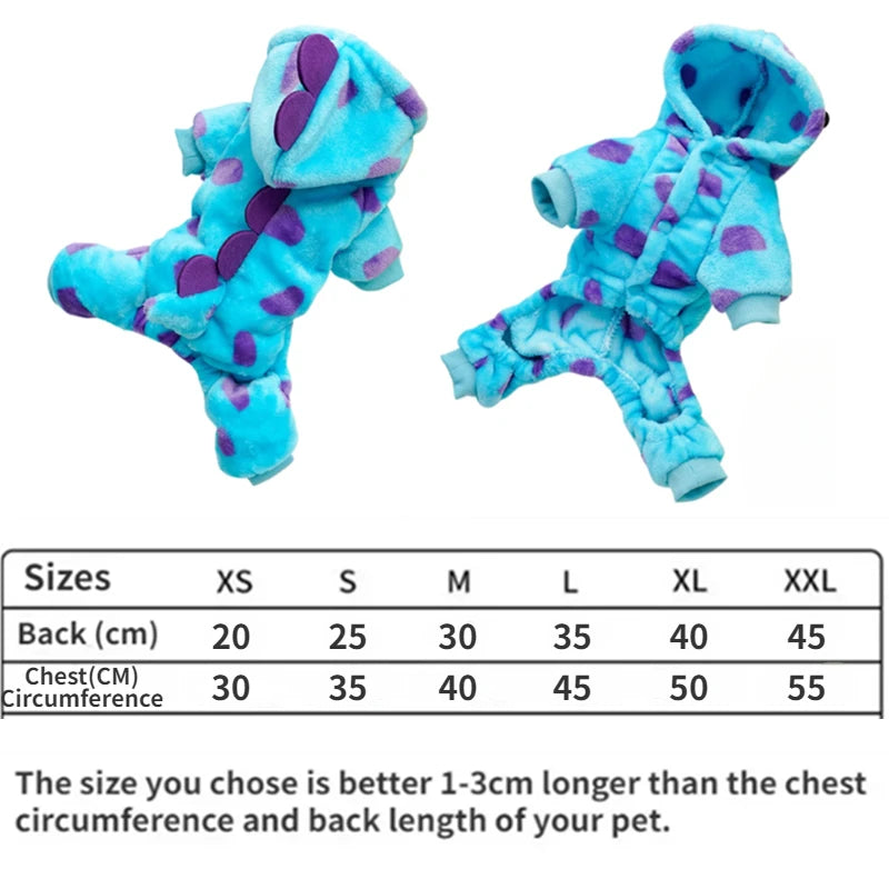 1PC Pet Clothing Dog Cat Autumn and Winter Thickened Warm Blue Dinosaur Hooded