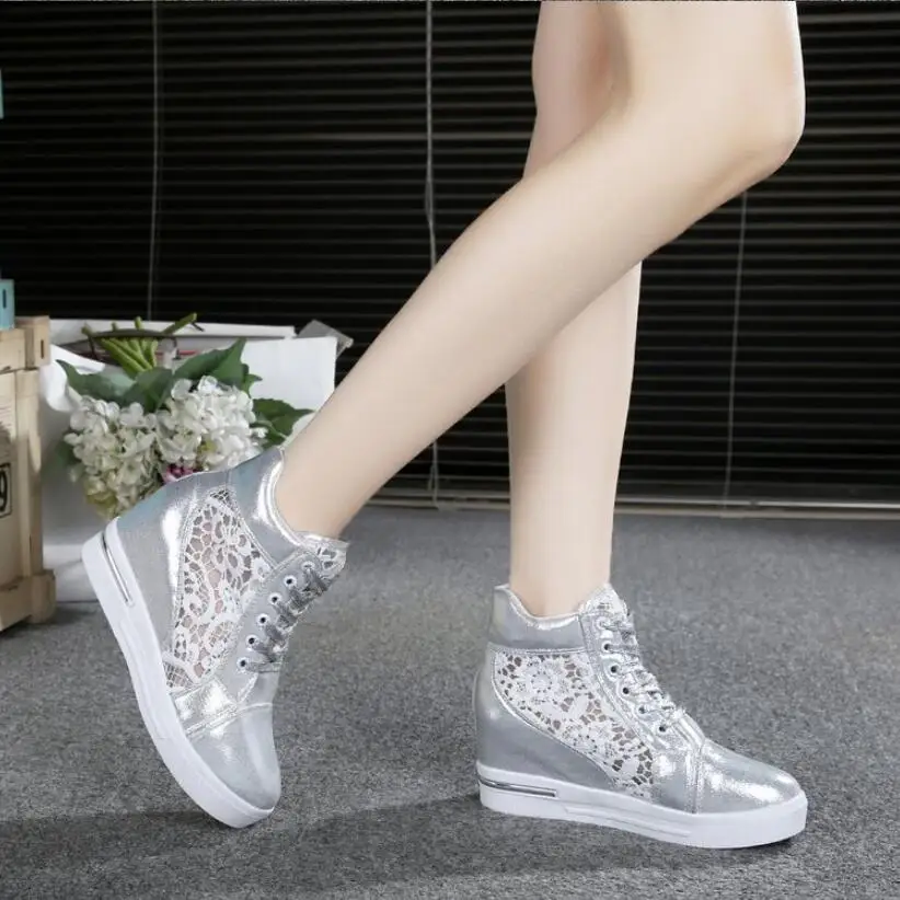 Women Wedge Platform Sneakers Rubber Brogue Leather