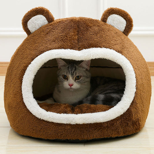 Funny Cat Bed Warm Pet House Soft Long Plush Kitten Lounger Cushion