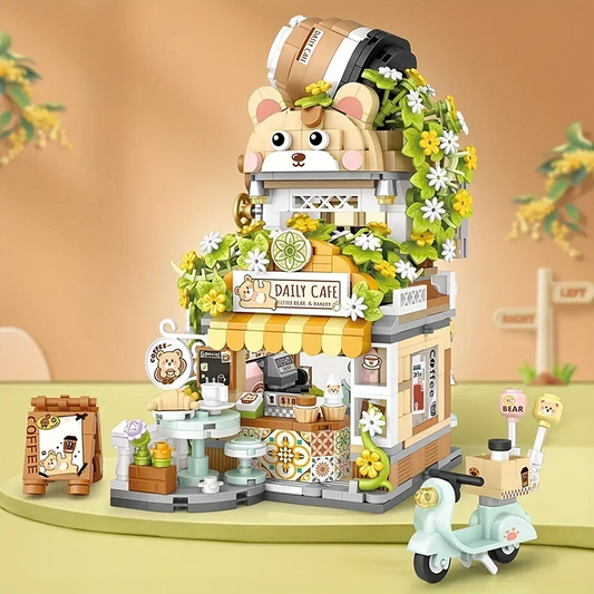 City Street View Building Blocks Cute Bear Folding Café Model
