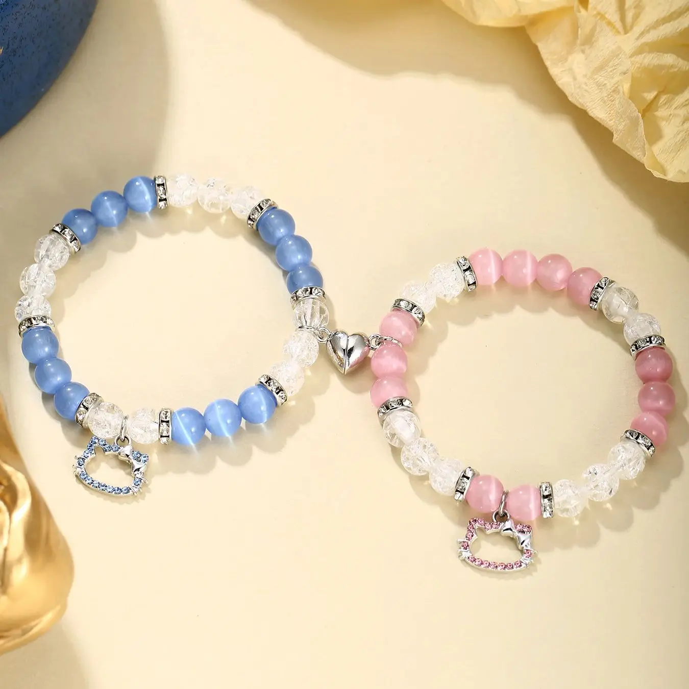 2 pcs of Blue and Pink Beads Cute cat Pendant Heart Shape