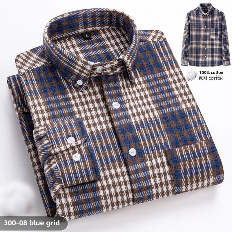 Thickened Pure Cotton Flannel Plaid Shirt Men's Long Sleeve Casual
