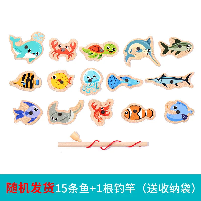 Montessori Wooden Fishing Toys For Children Cartoon Marine