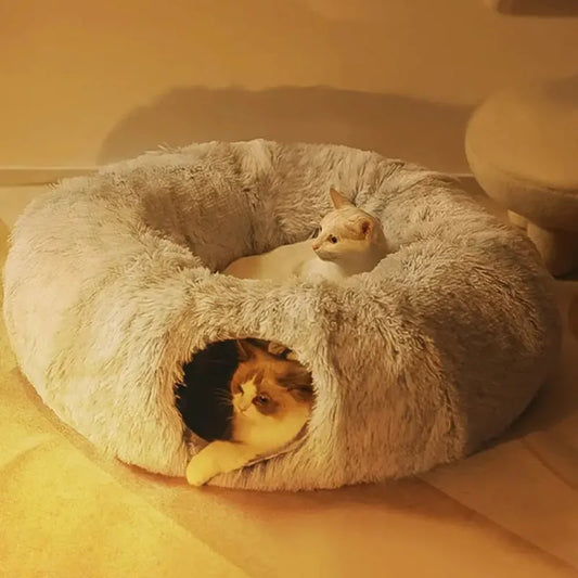 Plush Cat Bed with Tunnel for Indoor Cats Multifunctional Cat Tunnel Bed