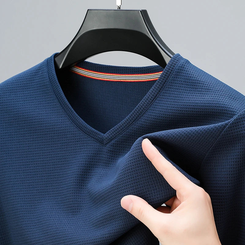 2024 Men's New Waffle V Neck Short Sleeved T-shirt Summer