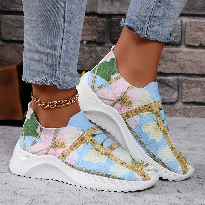 Flower Print Breathable Knitted Sneakers Women