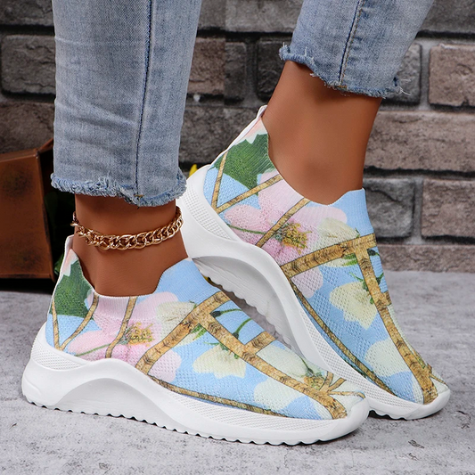 Flower Print Breathable Knitted Sneakers Women