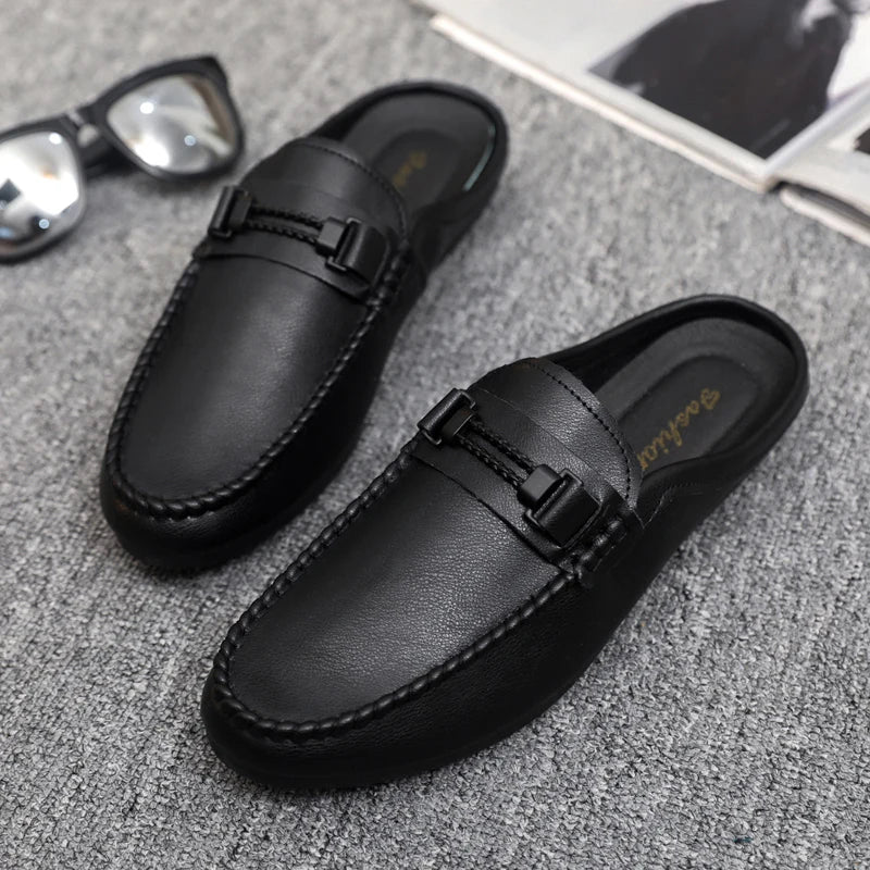 Summer Leather Men Half Slippers Breathable Mens Casual Shoes