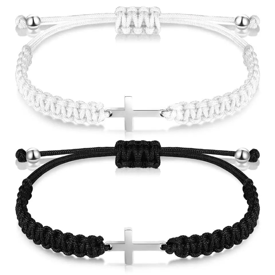 Simple Cross Black White Braided Rope Couple Bracelets