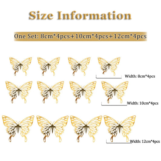 12Pcs/lot New 3D Hollow Golden Silver Butterfly Wall Stickers