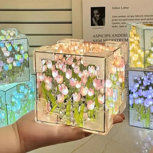 DIY Handmade Tulip Mirror Cube Lamp Simulation Flower