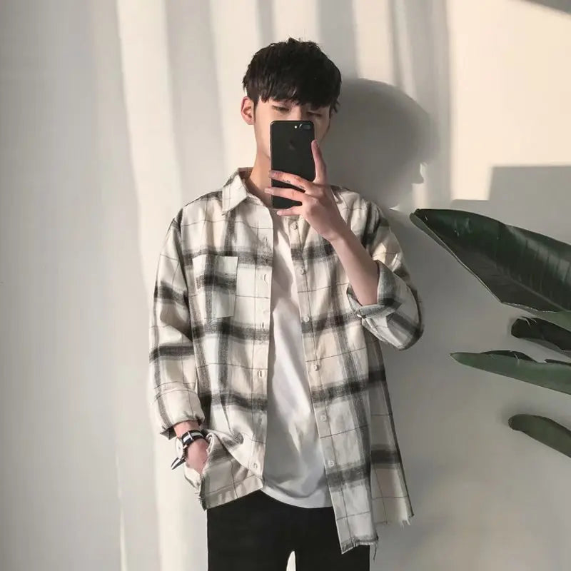 Fashionable Plaid Loose-fit Long Sleeve Casual Shirt For Men