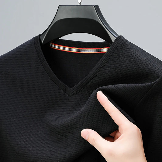 2024 Men's New Waffle V Neck Short Sleeved T-shirt Summer