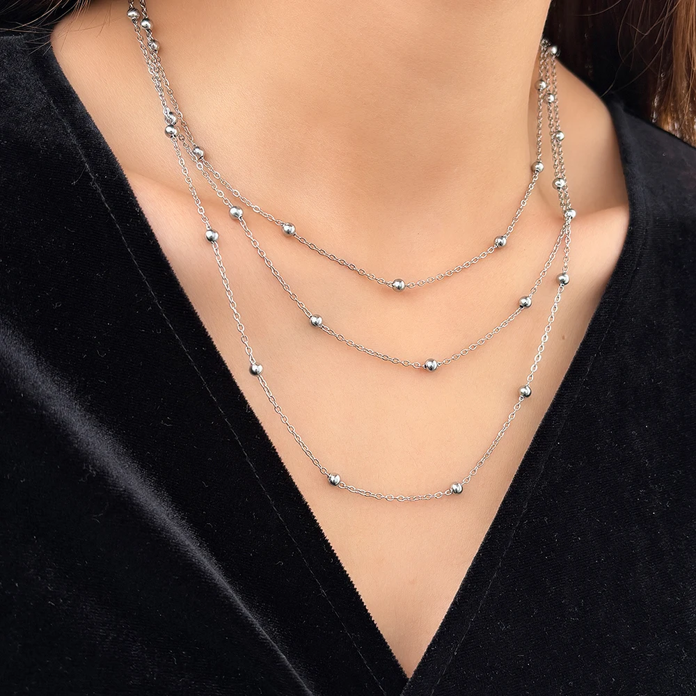 Stainless Steel Necklace New High-end Beads Multi-Layers Chain