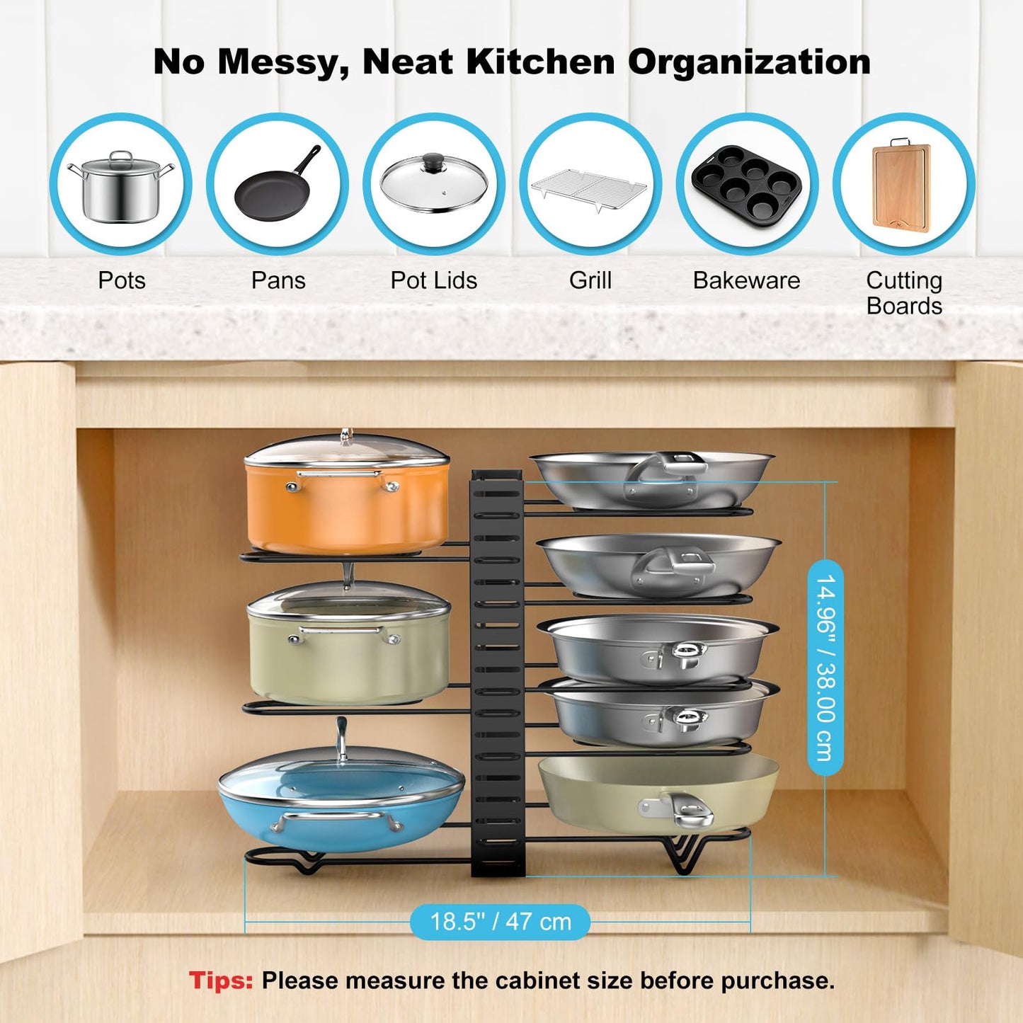 Pot Rack Organizer Under Cabinet,8 Tier Adjustable Pot Organizer