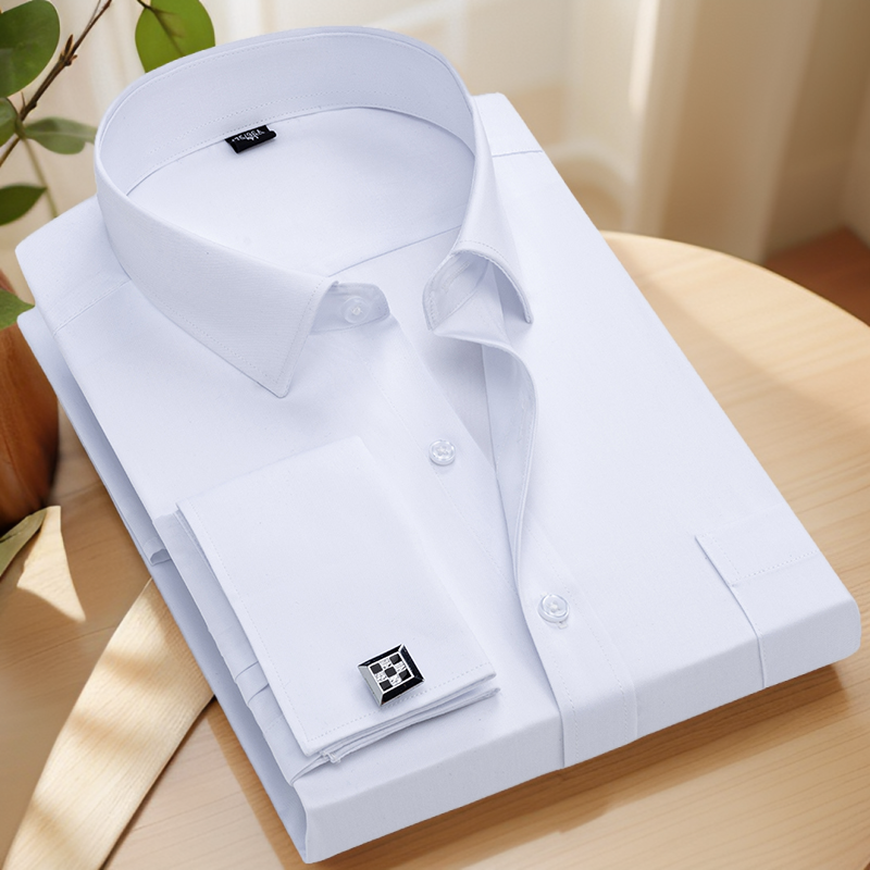 Men's French cufflink shirt loose version light blue white business formal men's shirt