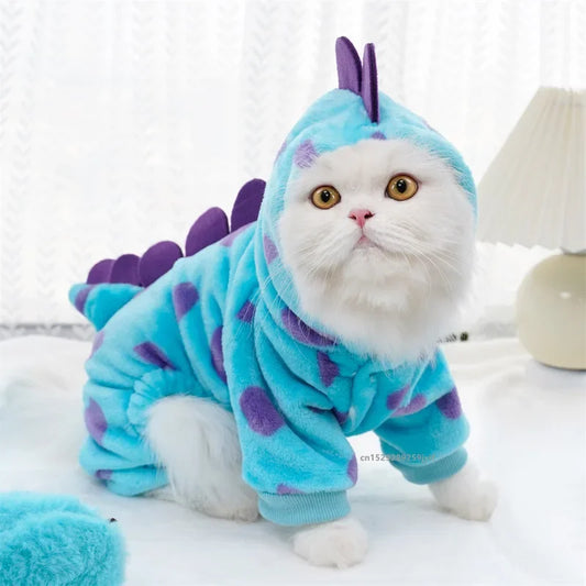 1PC Pet Clothing Dog Cat Autumn and Winter Thickened Warm Blue Dinosaur Hooded