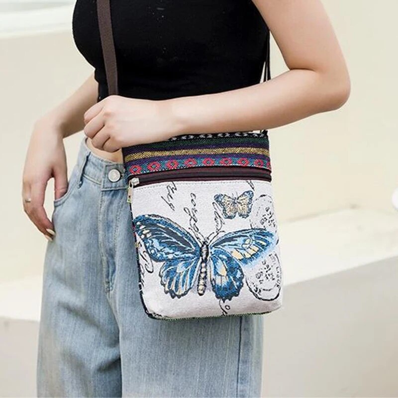 Women Small Canvas Embroidered Phone Shoulder Bag