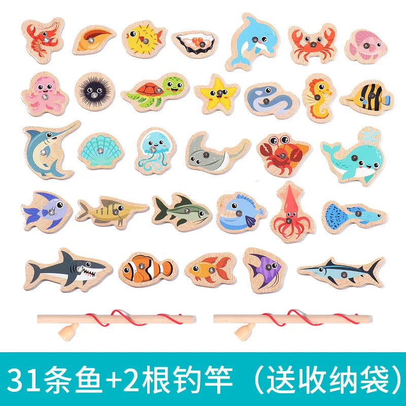 Montessori Wooden Fishing Toys For Children Cartoon Marine