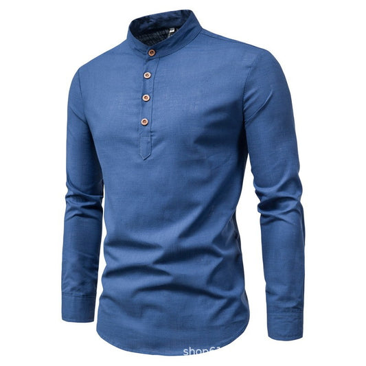 Men's solid color casual slim fitting standing collar long sleeved business shirt
