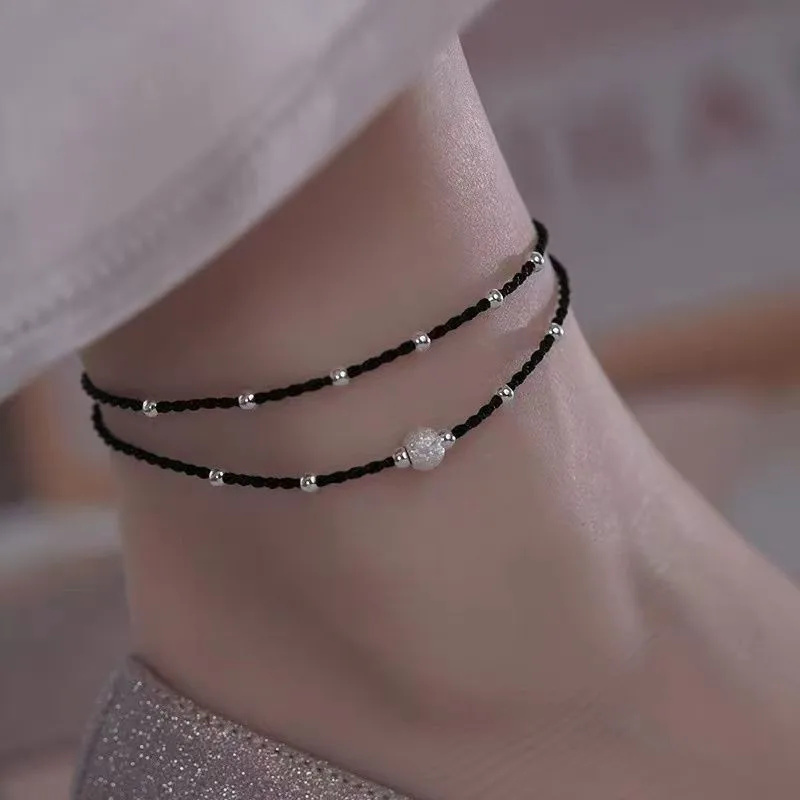 Lucky Silver Color Bead Rope Anklet