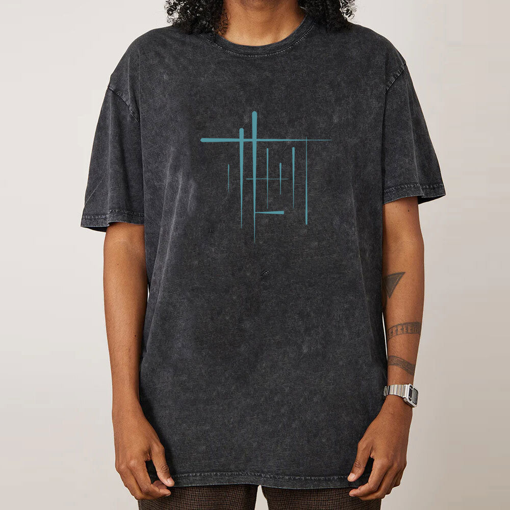 Geometric Abstract Building Round Collar Washed T Shirt